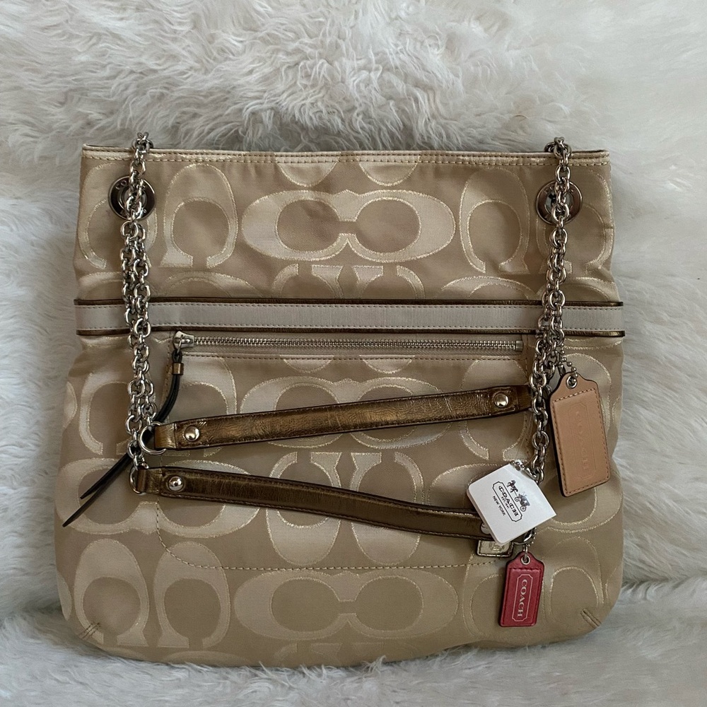 NWT Coach Poppy Signature Metallic Jacquard 21161 Khaki Chain Purse Tote Bag